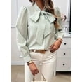thumbnail image 4 of Womens Tie Neck Long Sleeve Shirts Casual Work Blouses Tops Green XXL, 4 of 9