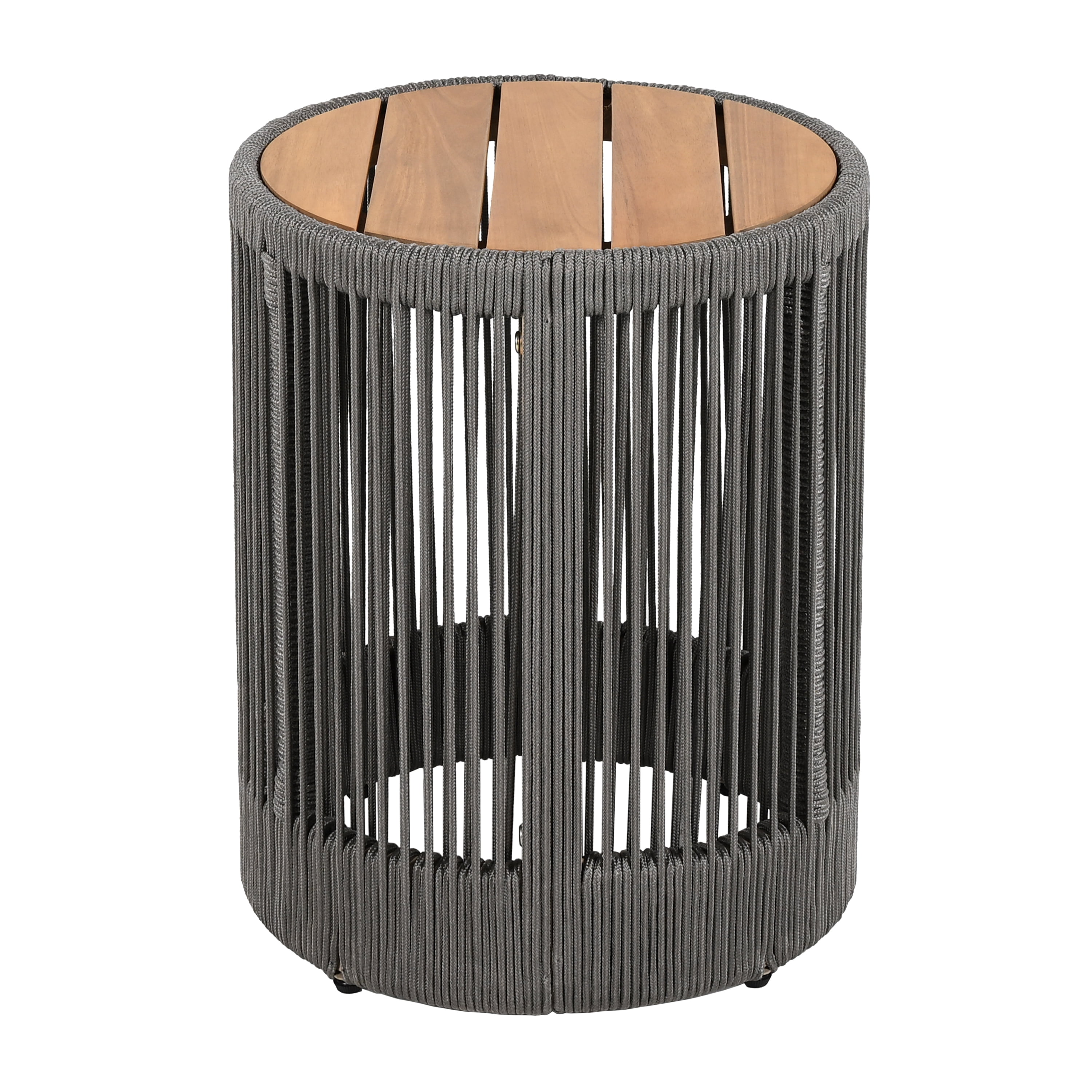Euroco Outdoor Rattan rope & Acacia Wood Side Table - Patio Balcony Furniture for Garden, Yard, Balcony - Weather Resistant(Rope Grey, Natural Iron)