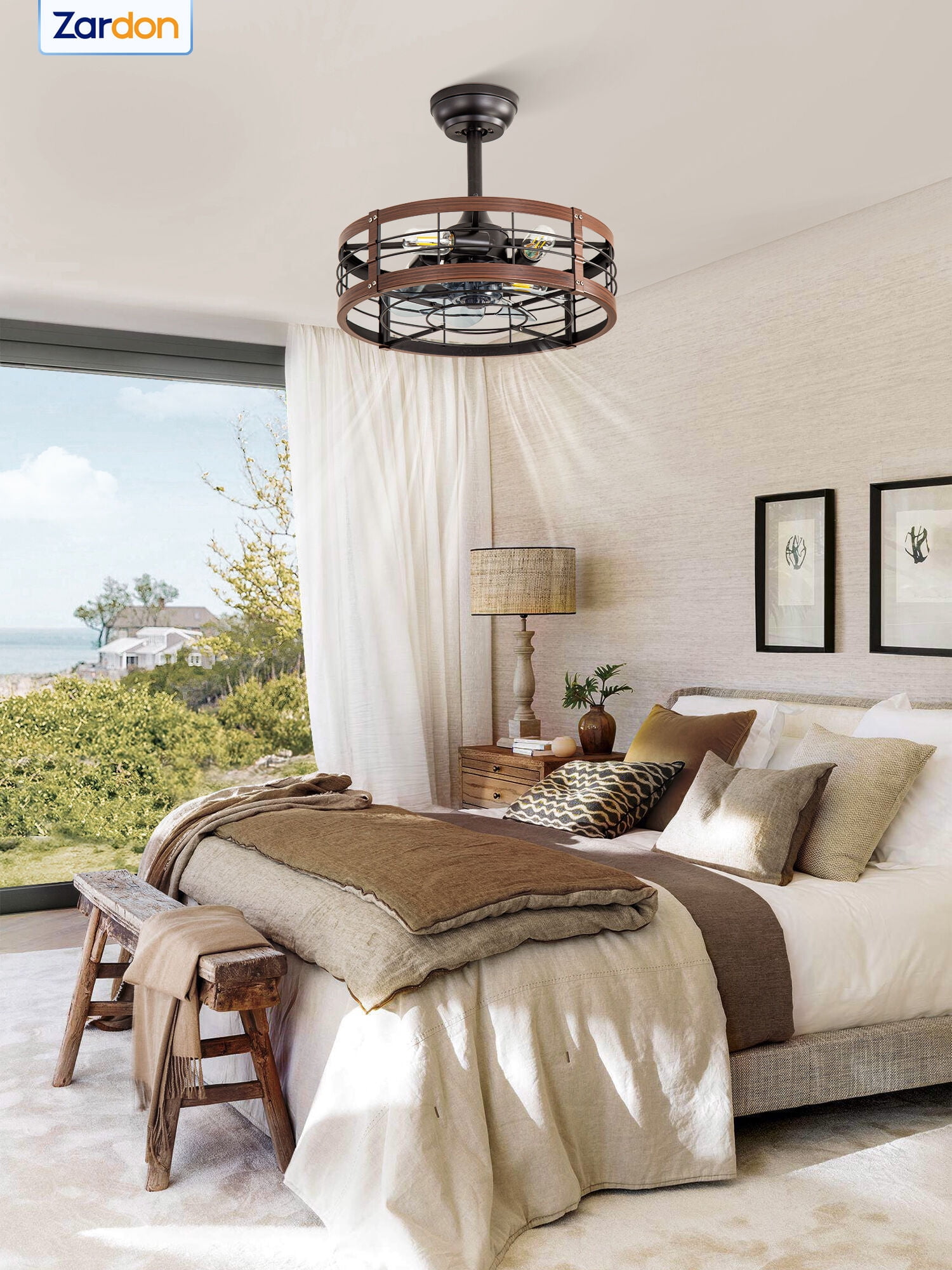 Zardon 18" Brown Antique Caged Indoor Ceiling Fan with Quiet DC Motor,  LED Lights, Remote Control, 6 Speeds
