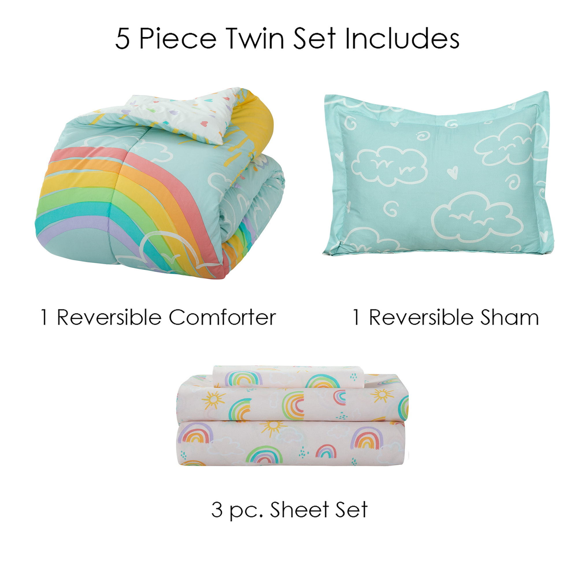 Twin 5-Piece Comforter Set, Kidz Mix Rainbow Clouds Super Soft Bed in a Bag with Reversible Comforter and Sheet Set