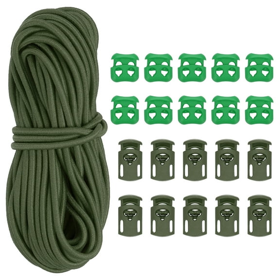16 Yard Elastic Bungee Cord & Single Hole Cord Lock & Double Hole Spring Toggle Stopper, Army Green 12 Pack