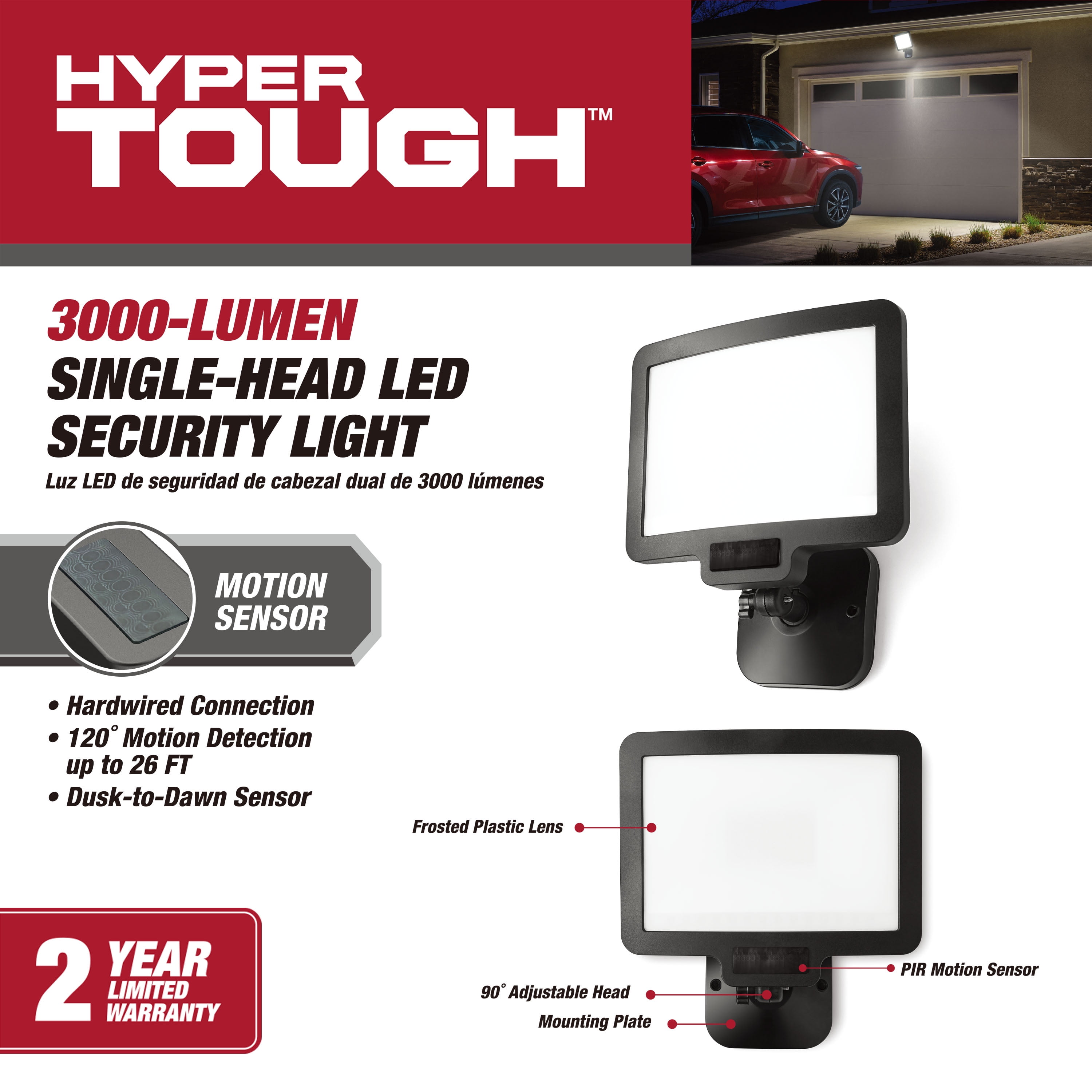 (2 pack) Hyper Tough 3000 Lumen LED Flood Light 120-Degree Motion Sensor in Black Finish, Hardwired 102-Degree Beam Spread