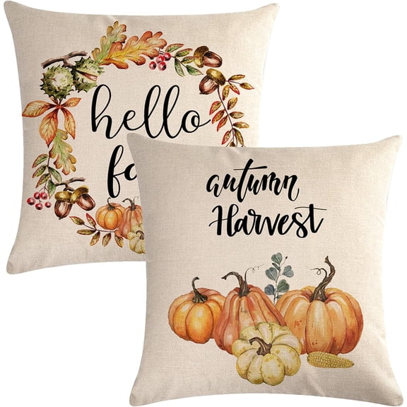 Set of 2 Autumn Decorations Pumpkin Pillow Covers Autumn Harvest Pumpkin Wreath Cushion Cover Farmhouse Hello Fall Decorative Pillowcases 20" x 20" for Sofa Couch Bed