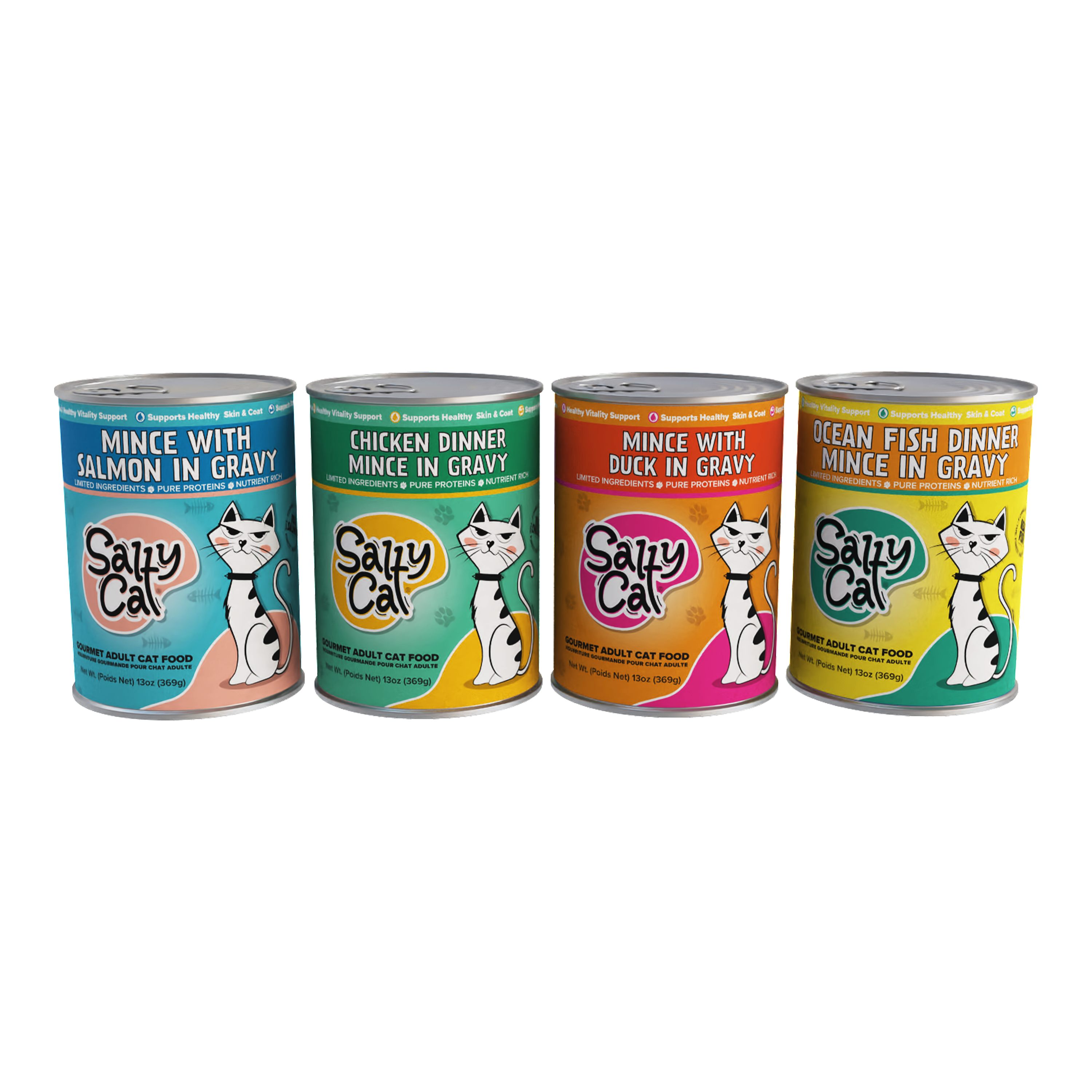 Salty Cat Premium Corn-Free Salmon, Chicken, Duck & Ocean Fish Flavor Mince in Gravy Wet Cat Food Variety Pack, 156 oz (12 Pack)