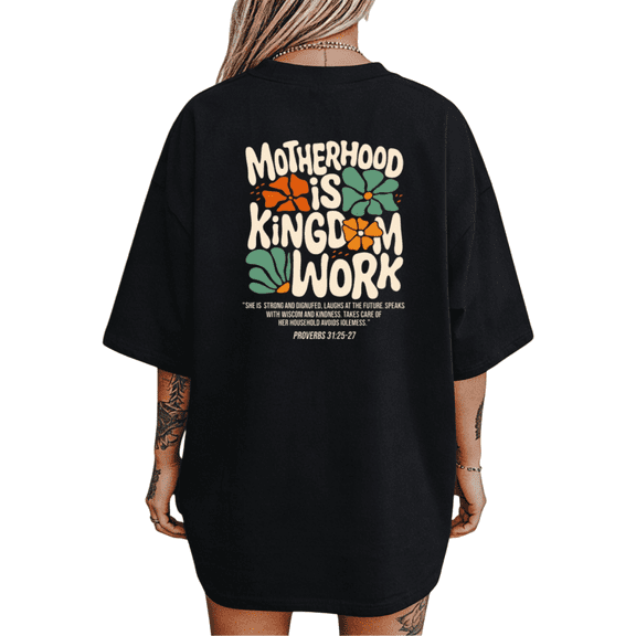 UNISHE Women's "Motherhood Is Kingdom Work Proverbs 31:25-27" Floral Christian Graphic Short Sleeve T-Shirt Cotton Crewneck Top