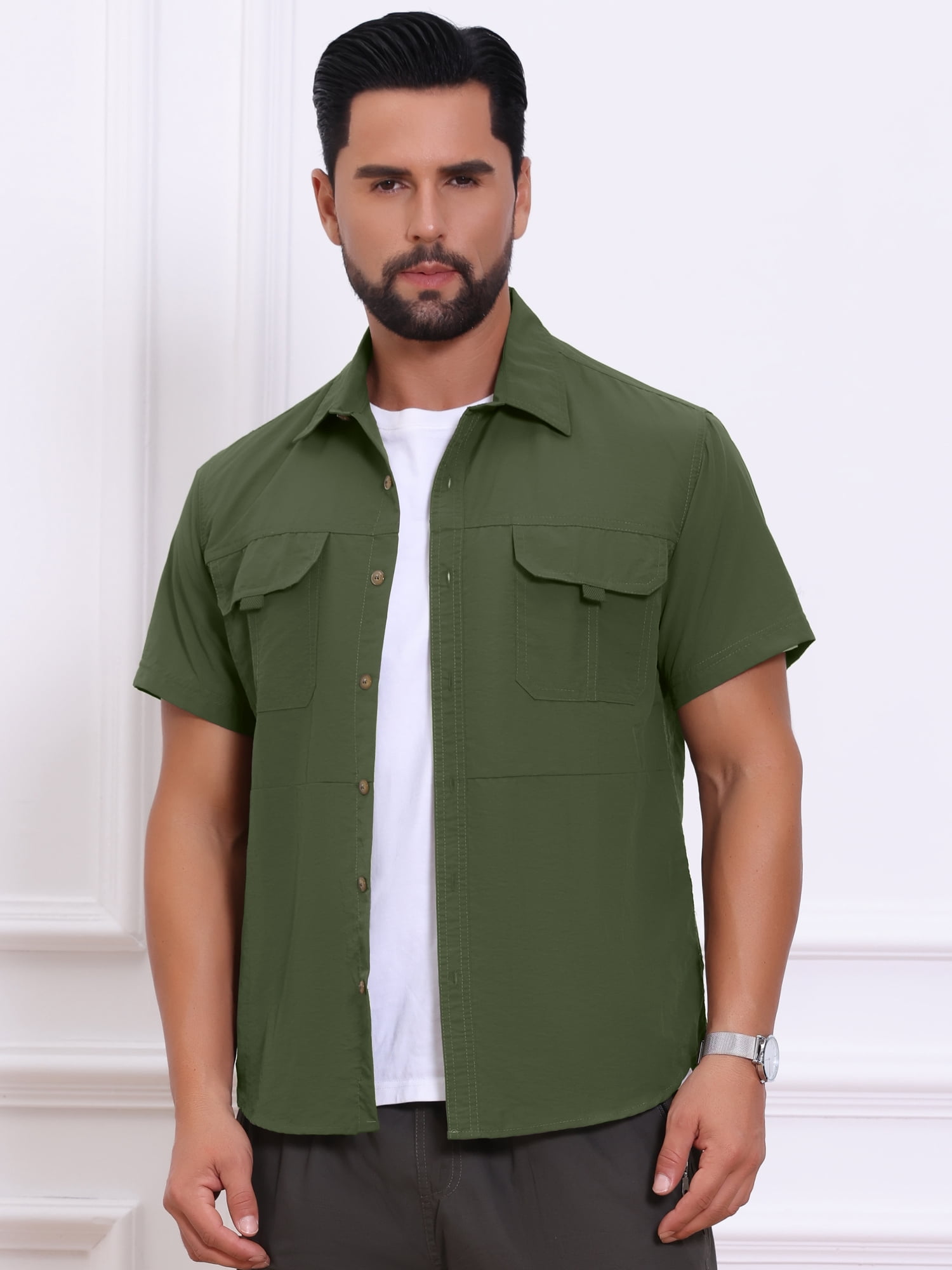 DARING DIVA Men's Solid Cargo Short Sleeve Button Down Utility Shirts S Olive Green