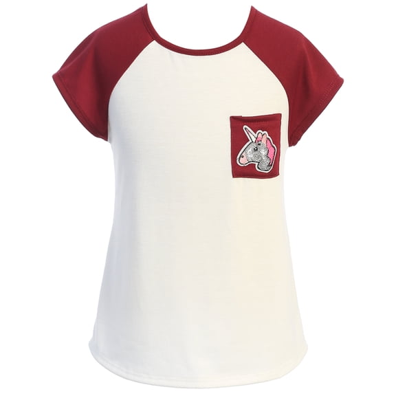 Little Girl Short Sleeve Pocket Unicorn Summer Raglan T-Shirt Top Kids Clothing Burgundy 4 JKS 2159 BNY Corner