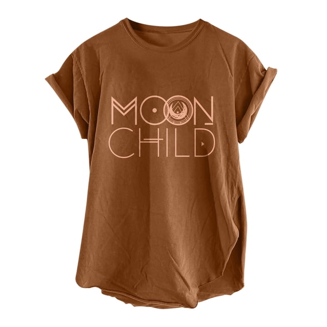 Honeeladyy Liquidación por menos de 5$ Moon Child Camisetas clásicas de manga corta con estampado de letras para mujer, informales, cómodas, con cuello redondo, holgadas