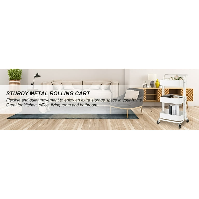 Tileon 3-Tier Rolling Storage Utility Cart in White, Heavy-Duty Craft Cart with Wheels and Handle