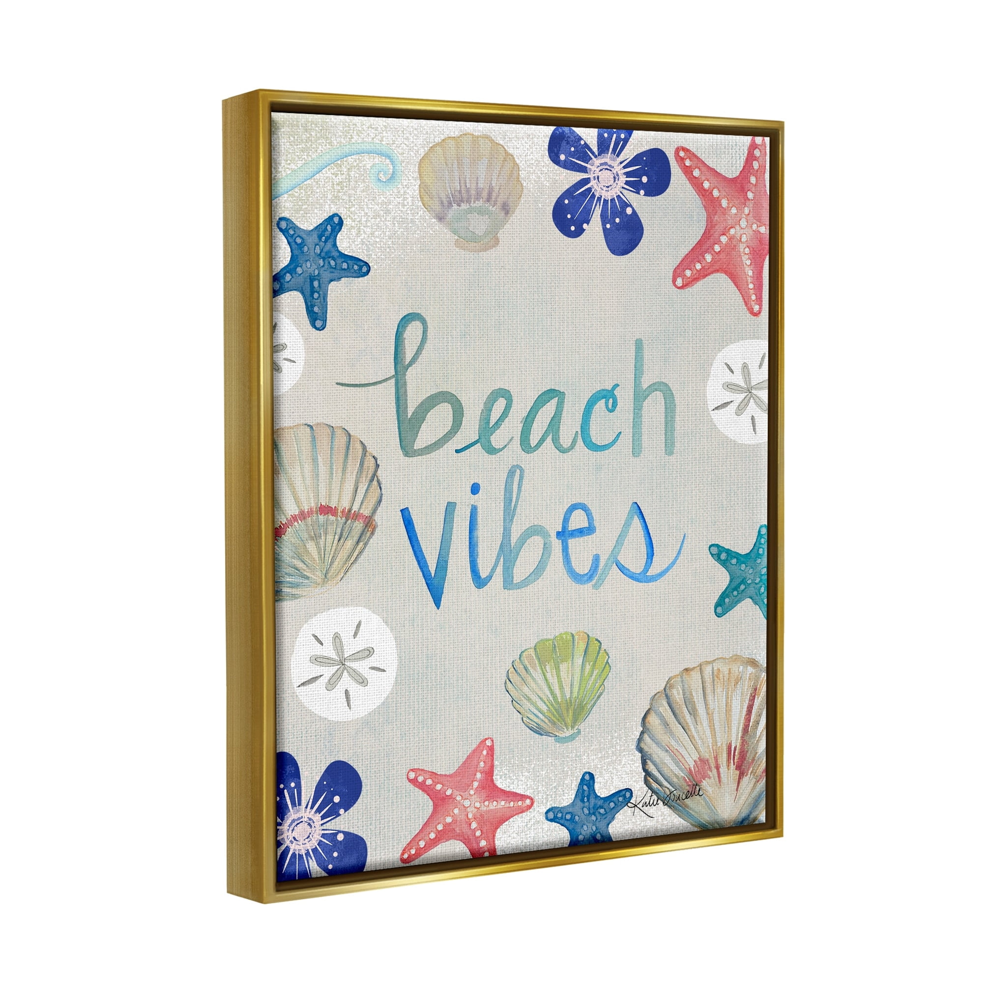 Stupell Industries Beach Vibes Calligraphy Nautical Seashell Flowers Graphic Art Metallic Gold Floating Framed Canvas Print Wall Art, Design by Katie Doucette