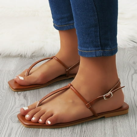 

Yilirongyumm Brown 38 Sandals Women Ladies Fashion Summer Leather Solid Color Flip Flop Buckle Flat Roman Sandals
