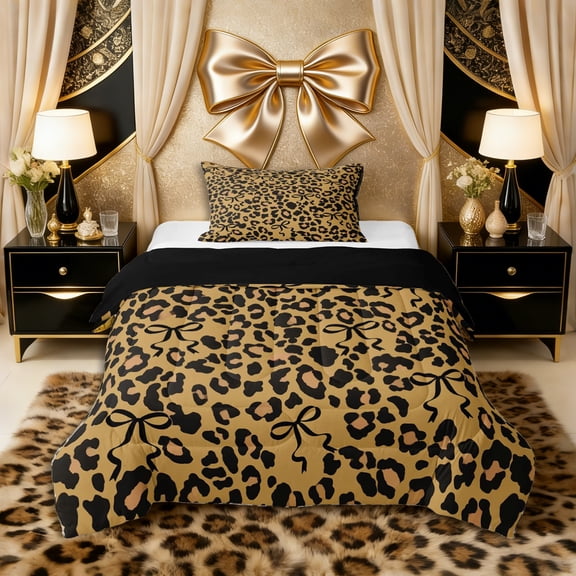 Erosebridal Ribbon Bowtie Twin Comforter Sets 3-Piece for Girls Women ,Teens Animal Cheetah Print Bedding Set,Black Reversible,Lightweight Room Decor