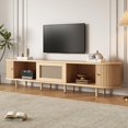 thumbnail image 3 of Modern TV Stand for 65 Inch TV with Rattan Drawer & Sliding Doors, 64.9 Inch Oval Media Console Storage Cabinet, Entertainment Center for Small Space Living Room(Light Oak+64.9 inch), 3 of 18