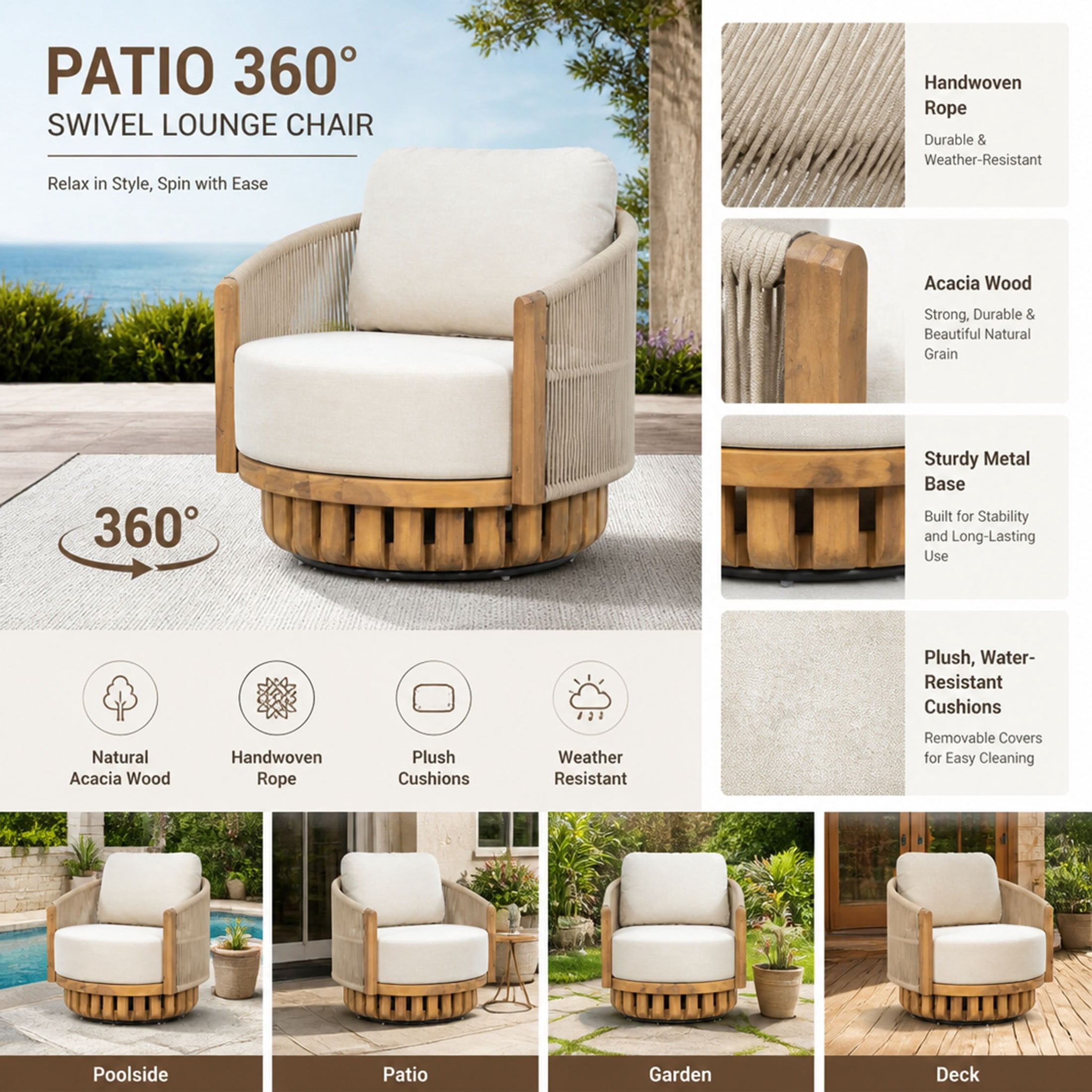 Christopher Knight Home 360° Swivel Patio Lounge Chair, Acacia Wood Frame with Rope Accents, Beige+Teak