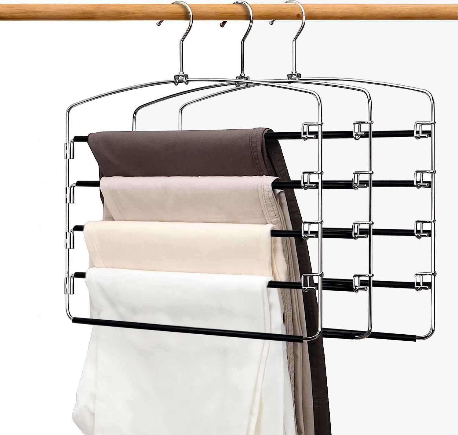 Manss Black Pants Hangers Non Slip 6 Pack Space Saving Hangers Multi-Layer Swing Arm Pants Hanger Stainless Steel Space Saver Hanger for Jeans Scarf Trouser Towel Clothes