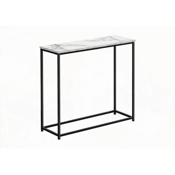 Accent Table for Console, Entryway & Bedroom, Narrow, White Marble Look Laminate, Black Metal, Modern & Contemporary Design