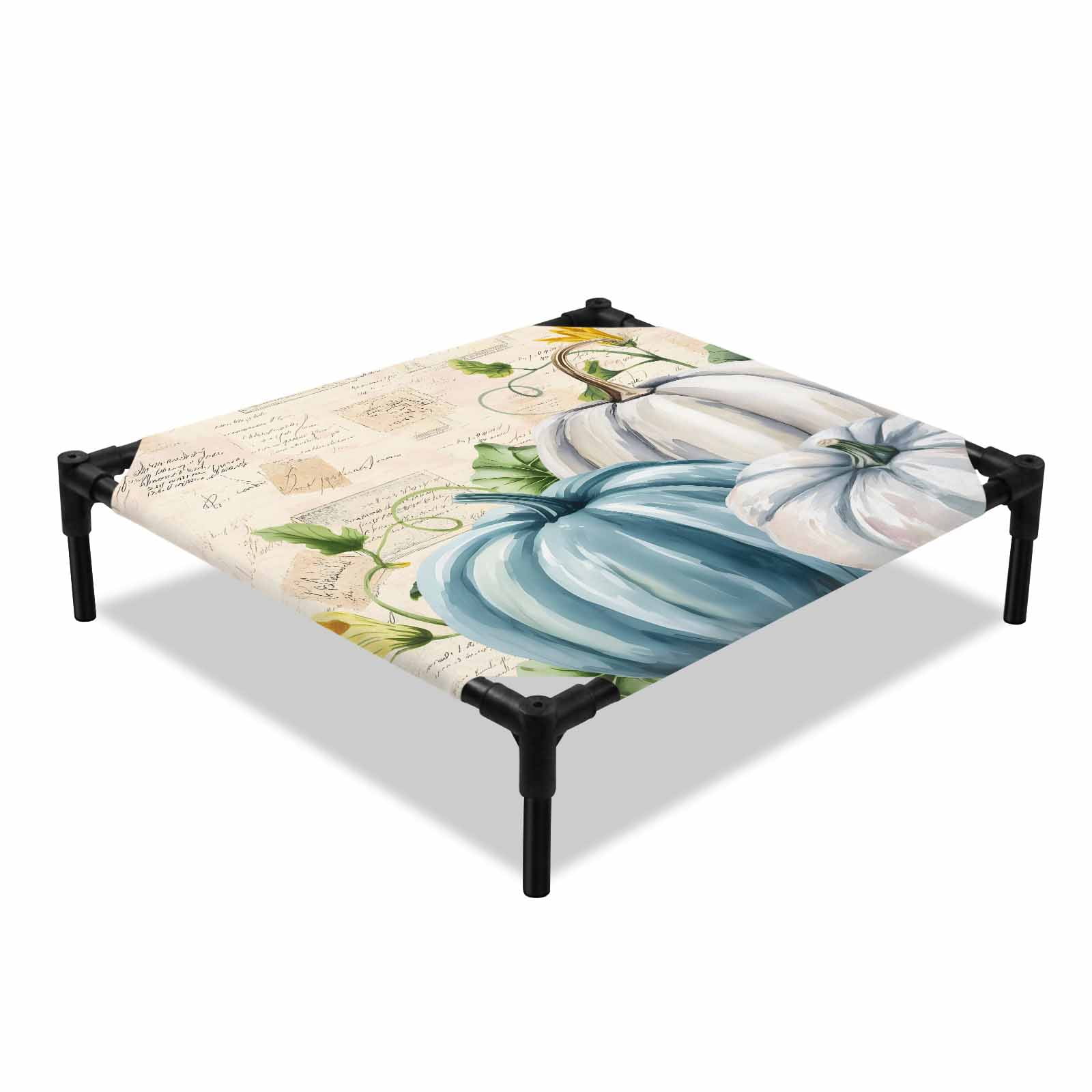 White Blue Pumpkin Elevated Dog Bed Fall Leaves Yellow Flower Vintage Letter Cooling Breathable Outdoor Raised Dog Cot Bed with Metal Frame Non-Slip Feet for Small Dog 20x20in