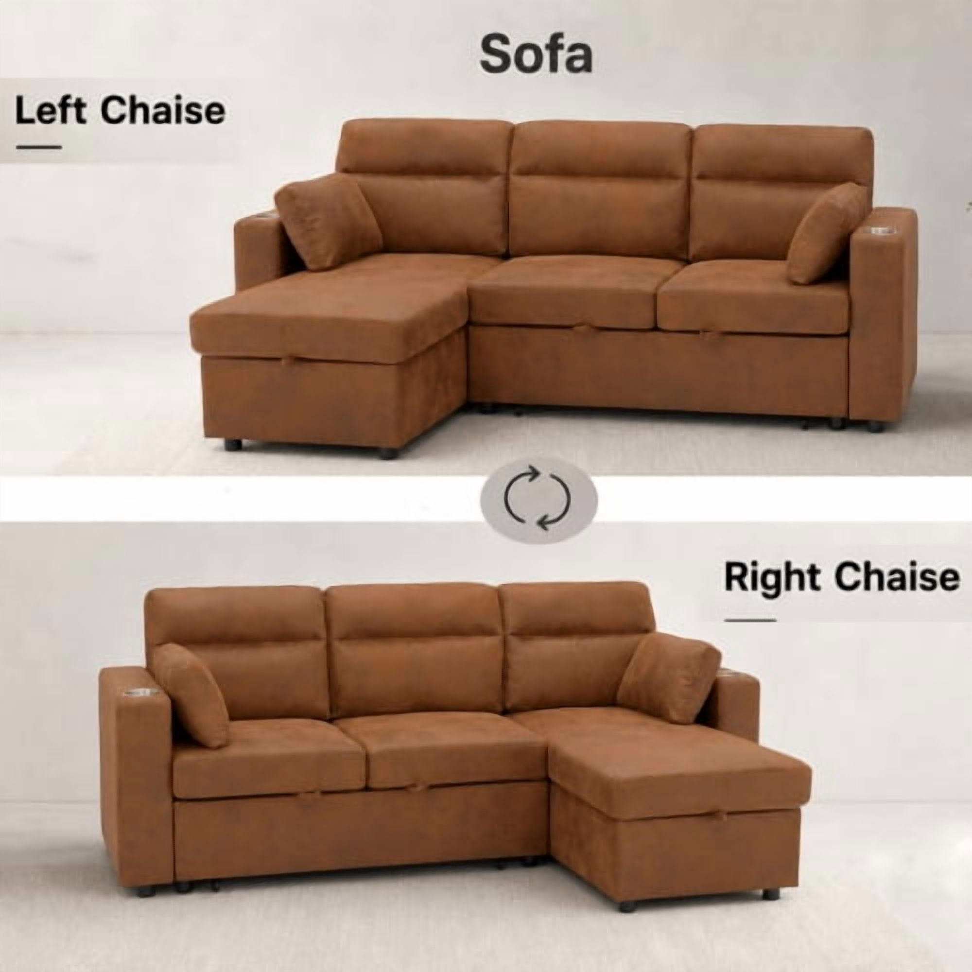 82.5" Convertible L-Shaped Pull-Out Sectional Sofa Bed with Storage Chaise, Cup Holders, and 2 Pillows, Modern Foil Fabric Sleeper Sofa for Living Room, Apartment, Light Brown