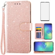 Compatible with Samsung Galaxy S10 Plus Wallet Phone Case and Tempered Glass Screen Protector Flip Credit Card Holder Stand Bling Glitter Cell Cover for S10+ S10plus 10S Edge S 10 10plus Women Pink