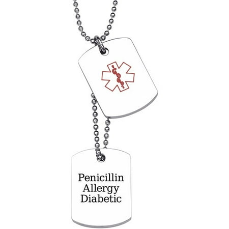 Personalized Men's Stainless Steel Medical ID Double Dog Tag Pendant, 20