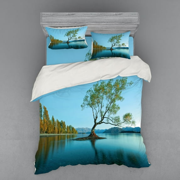 Nature Duvet Cover Set, Spring Tree on the Lake Surface Surreal Surprises of Mother Earth Photo Print, Bedding Set with Shams and Fitted Sheet, 3 Sizes, by Ambesonne