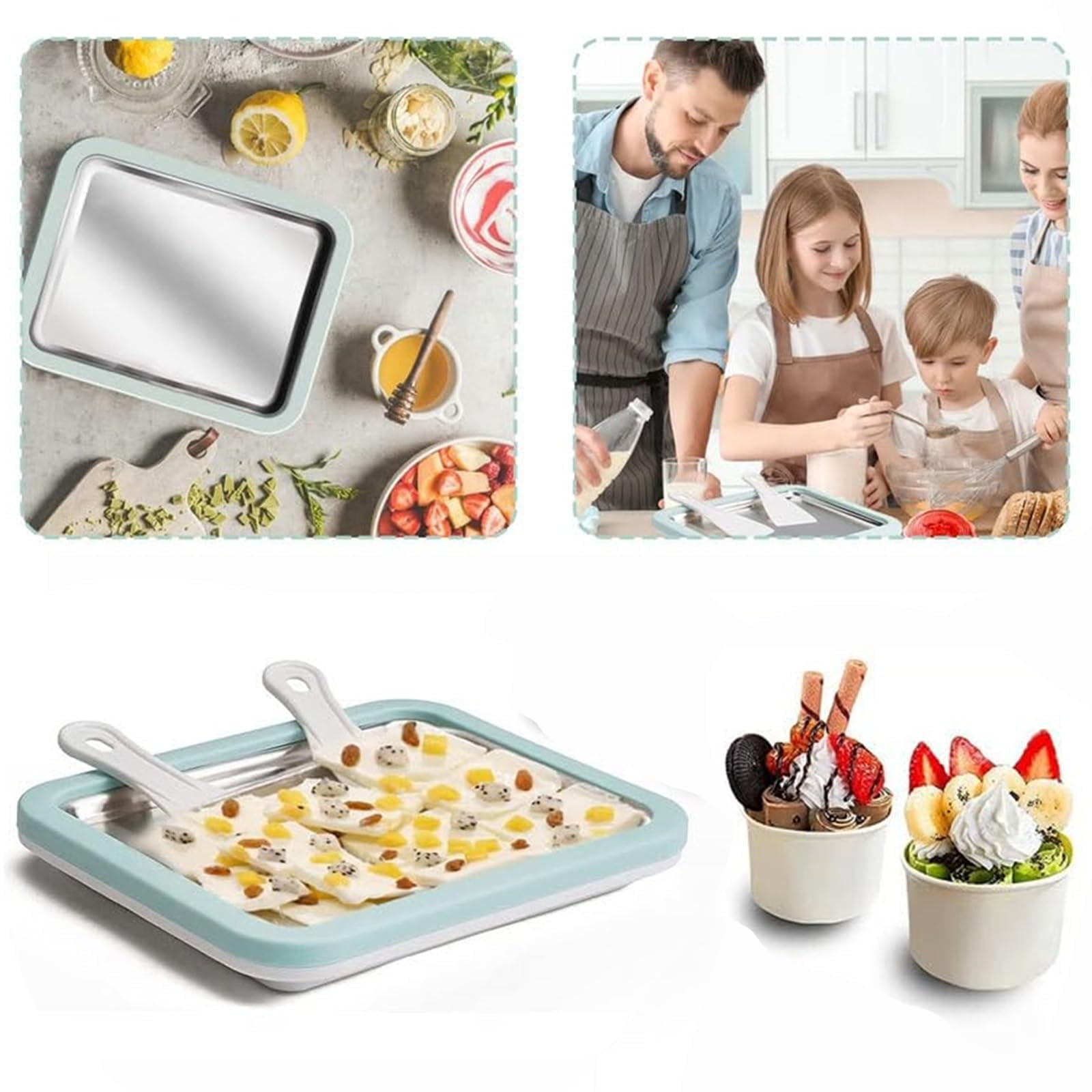 At Home Rolled Ice Cream Maker Kit, At Home Rolled Ice Cream Kit, Instant Ice Cream Roller Maker Tray with 2 Spatulas, Portable Rolled Ice Cream Maker