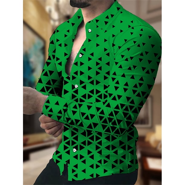 Camisa de cuadros geométricos para hombre, solapa, manga larga, botones, ropa estampada, ocio al aire libre, verano 2024