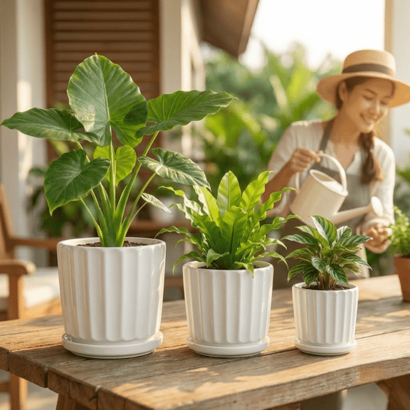 Florinia Ceramic Planter Set with Drainage Holes, 3 Sizes (8.4" x 6.7" x 5.5"), White Fluted Dolomite Pots