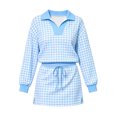 thumbnail image 7 of Women's 2 Piece Plaid Outfits Long Sleeve Collar V Neck Sweatshirt and Drawstring Mini Skirt Lounge Sets Casual Fall Winter Tracksuit Matching Set Light Blue, 7 of 7