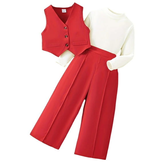 BemeyourBBs Kid Girls Suit Outfit Solid Long Sleeve Tops Button-up Waistcoat Pants