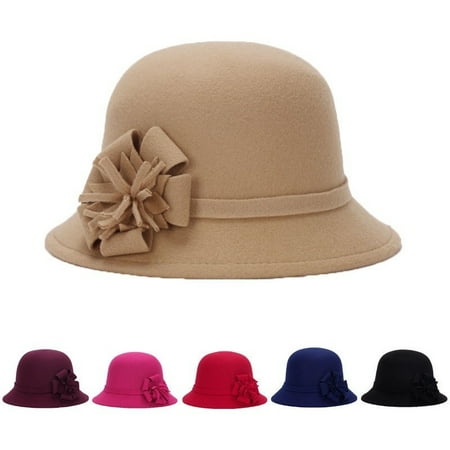 - New Women Lady Vintage Wool Round Fedora Bow Cloche Derb Felt Bowler Cap Hat