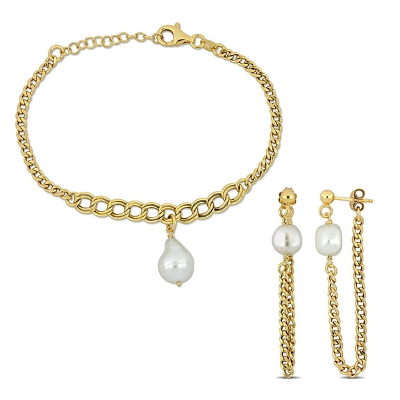 Everly Women's Cultured Freshwater Pearl Yellow Silver Earrings and Bracelet Set - 6.5 in 1 ext