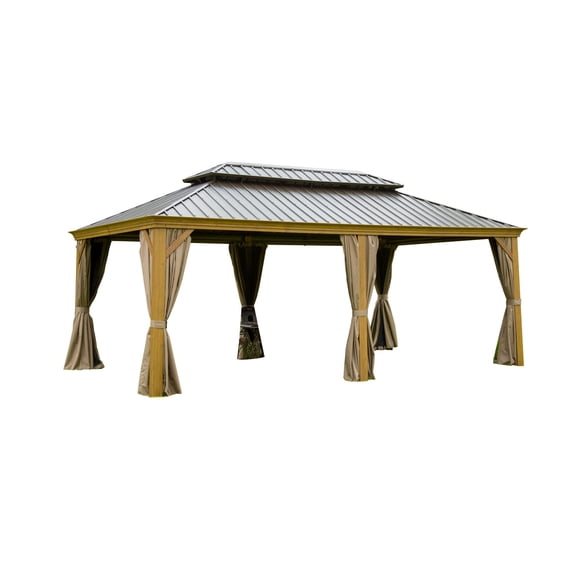 Newboti 12'x18' Hardtop Gazebo, Wooden Coated Aluminum Frame Canopy with Galvanized Steel Double Roof, Outdoor Permanent Metal Pavilion with Curtains and Netting for Patio, Deck and Lawn(Wood-Look 556