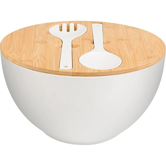 YANGLI 12" Extra Large Bamboo Fiber Salad Bowl with Lid & Servers Set - Mixing & Serving Bowl for Fruits, Salads, Vegetables