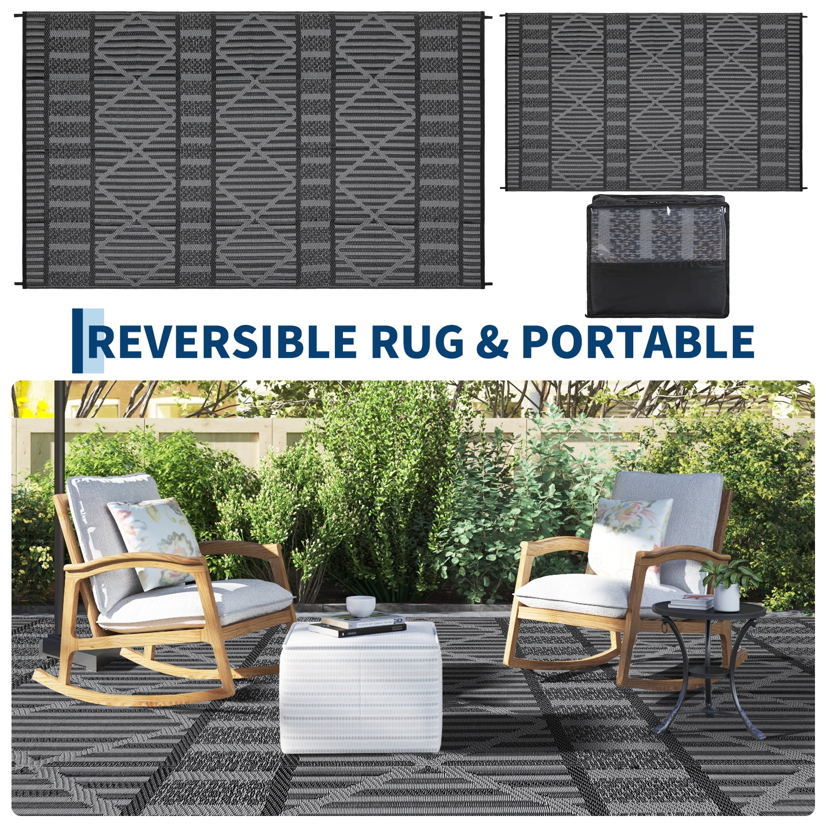 Garvee 9'x18' Outdoor Rug Waterproof Outdoor Patio Rug Mat, Reverisble Plastic Straw Outdoor Rug for RV Camping Picnic Beach Balcony, Black and Gray
