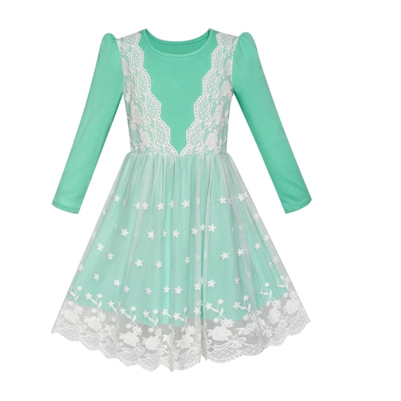 Girls Dress Turquoise Long Sleeve Lace 2-in-1 Princess Tutu 5