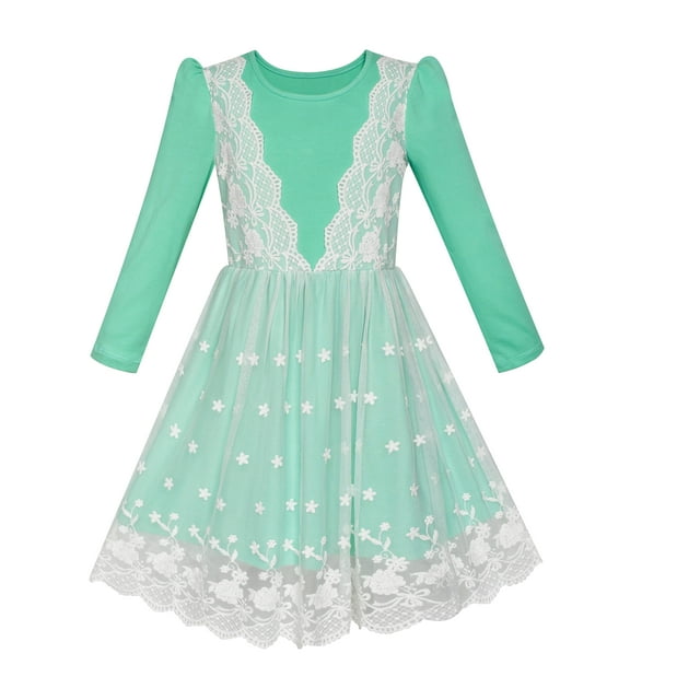 Robe Fille Turquoise Manches Longues Dentelle 2-en-1 Princesse Tutu 6 Ans