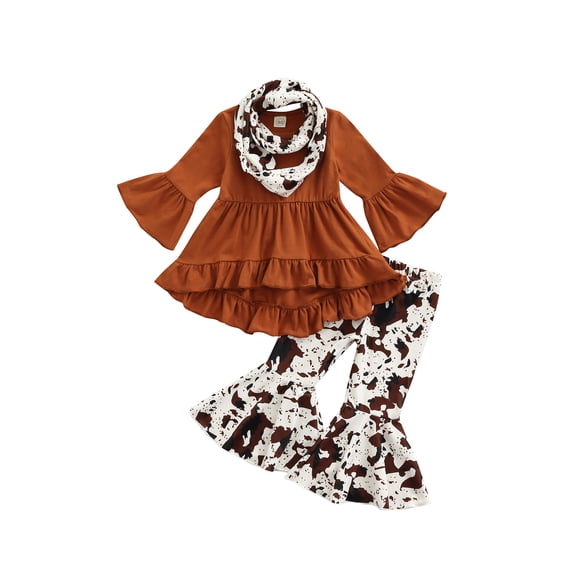 LMLYSoH Kid Girl 3-Piece Suit, Long Ruffle Sleeve A-Lined Tops Wide-Leg Dye Printed Casual Trousers Scarf