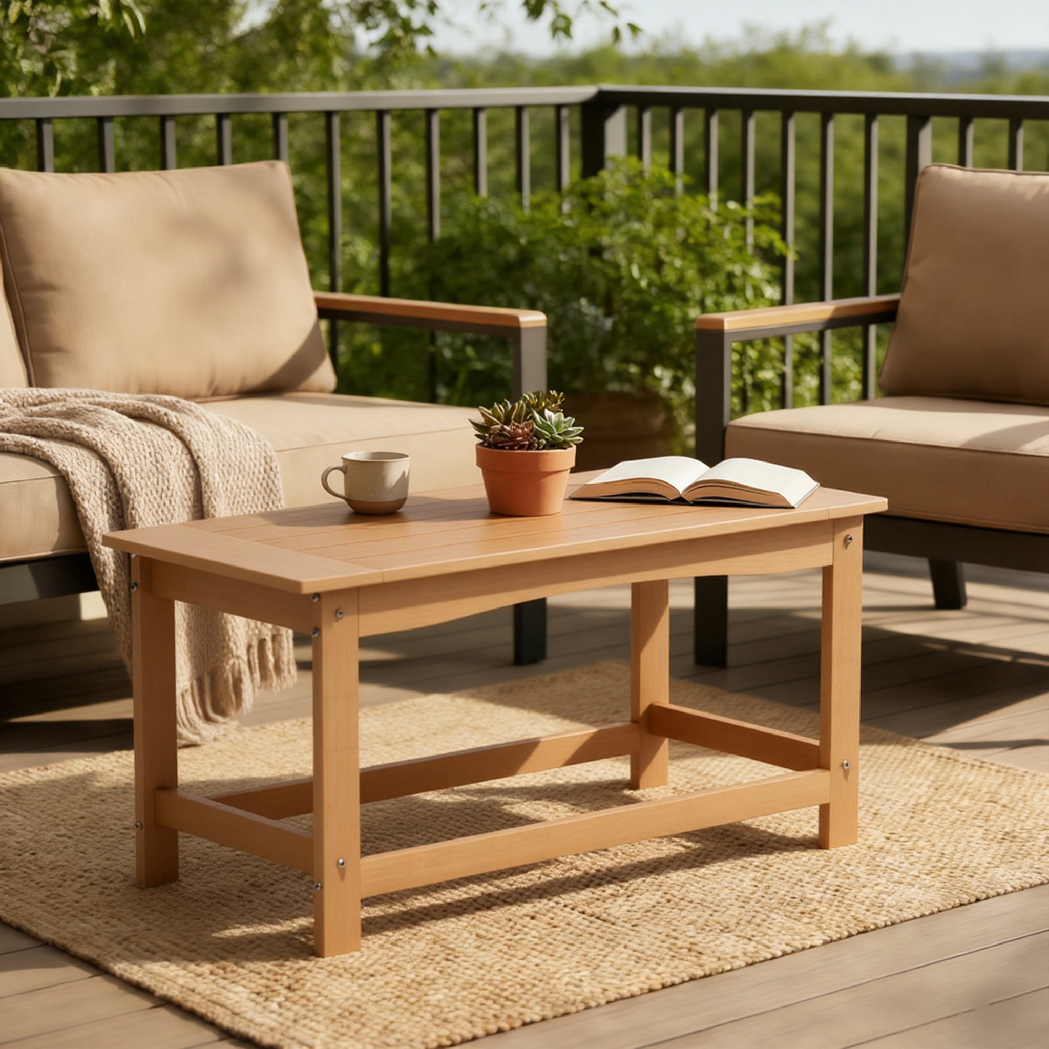 AwayHome 35" Rectangle HIPS Outdoor Coffee Table for Patio,All-Weather Small Outdoor Table for Deck Balcony Garden Porch Poolside,Teak
