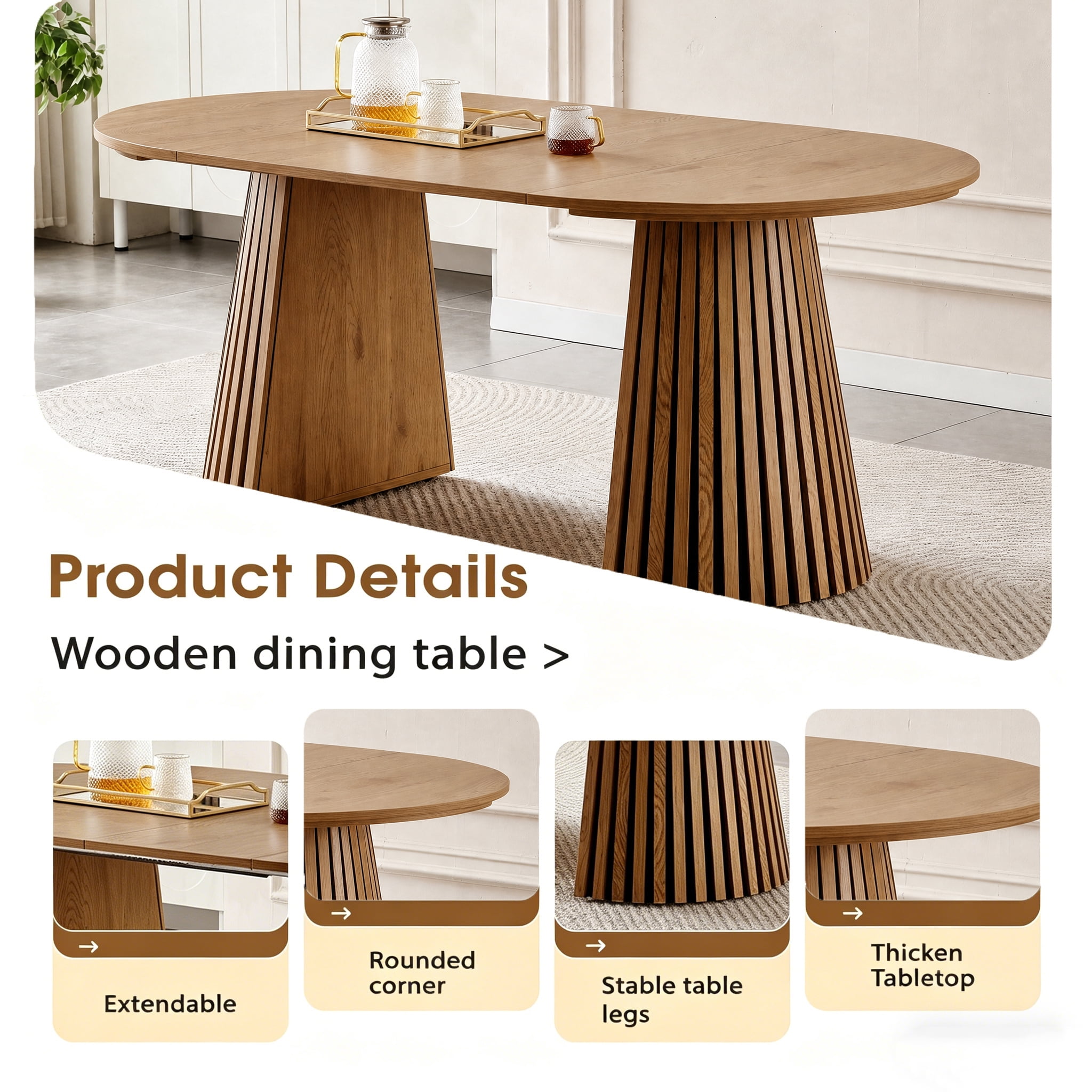 Dining Table 70.87 Inch, Extendable Kitchen Table with Oval Top and Slatted Wood Legs, Multi-Functional MDF Table for Dining Room and Office, Natural Wood