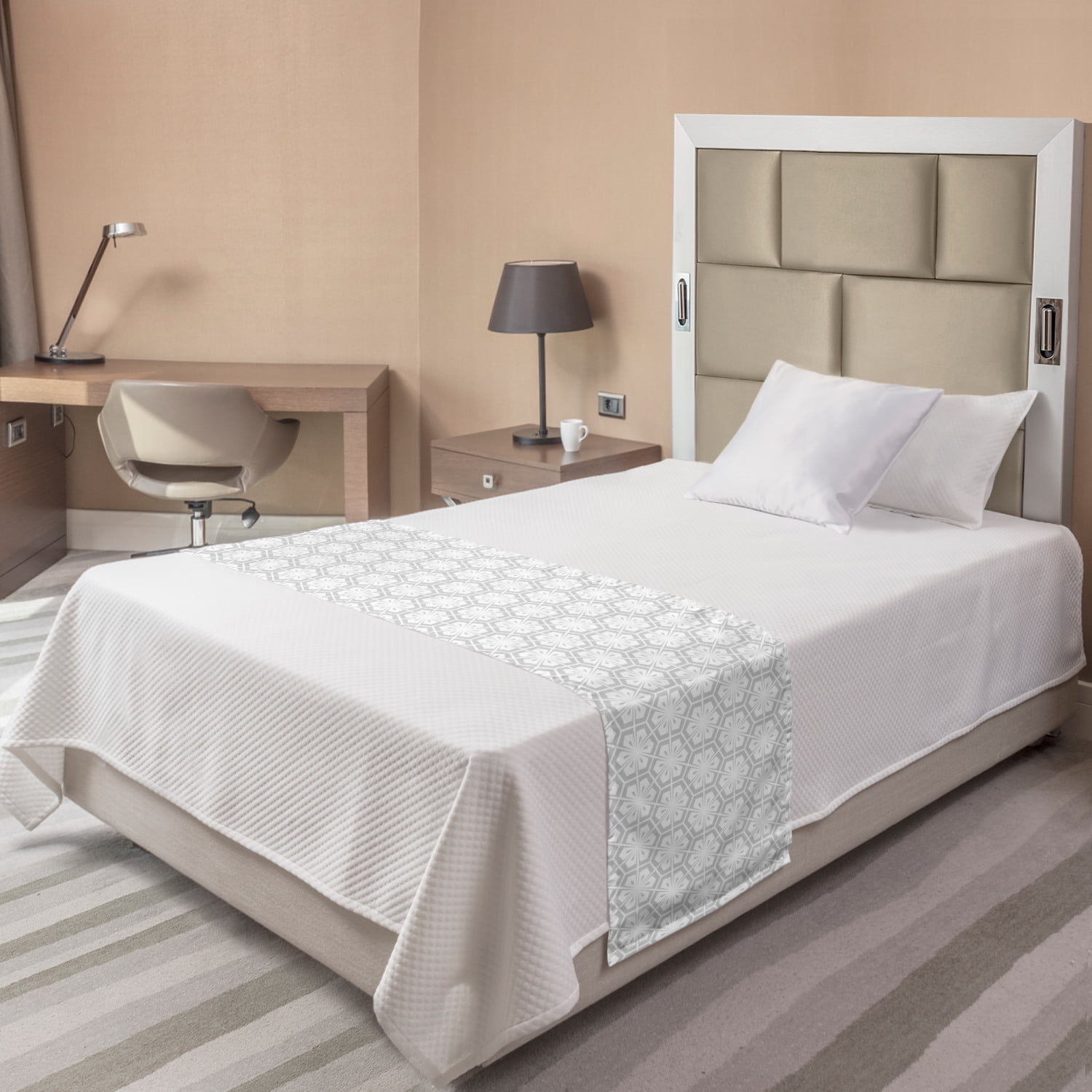 Twin Pale Grey and White Geometric Polyester Satin Bed Runner
