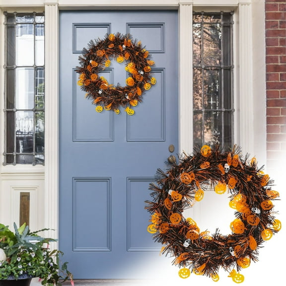 Halloween Door Decorations Fall Wreath Halloween Front Door Wreaths Welcome Sign for Front Door Hanging Pumpkin Mesh Garland Wreath