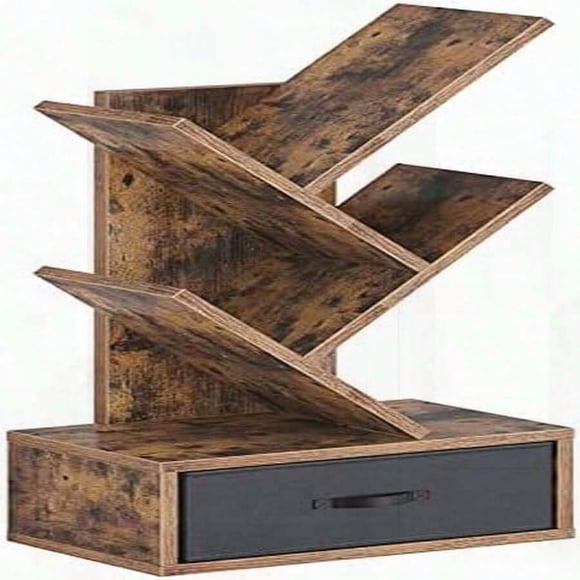 Bookshelf With Drawer, Small Tree Design, Wooden Storage Rack For CDs/Books, Rustic Brown, Utility Shelves For Living Room/Bedroom/Home Office