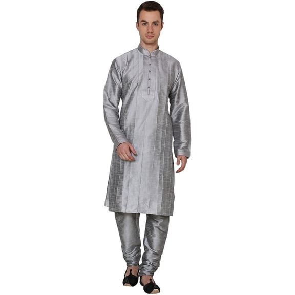 Royal Kurta Men's Silk Blend Pintuck Kurta Pyjama Grey