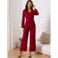 thumbnail image 3 of DARING DIVA Women's V Neck Long Sleeve High Waisted Wide Leg Jumpsuits S Wine Red, 3 of 7