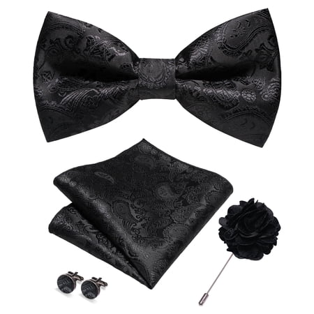 KAMBERFT Men's Black Paisley Pre-Tied Bow Tie 4-Piece Gift Set with Pocket Square, Cufflinks & Lapel Pin