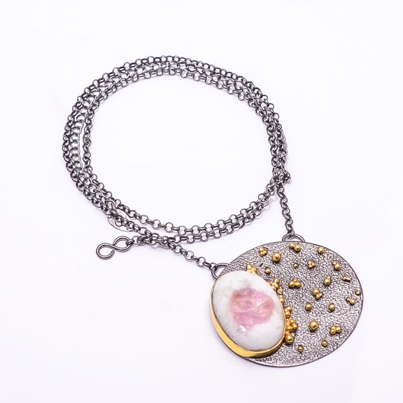 Pink Rubellite Tourmaline Black And Gold Rhodium 925 Silver Necklace 19.99" N_20, Valentine's Day Gift, Birthday Gift, Beautiful Jewelry For Woman
