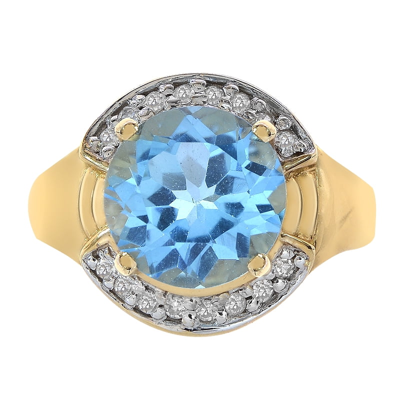 3.50 Carat Blue Topaz and 0.16 Carat Diamond Ring 14K Yellow Gold by