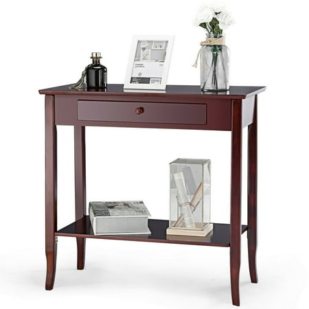 - Gymax Console Table Classic 2 Tier Porch Table Lower Shelf Drawer Cherry Color