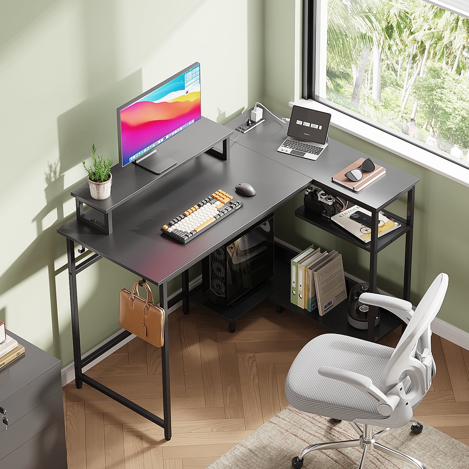 GALAXHERO 43 Inch L Shaped Gaming Desk with LED Lights & Power Outlets, Corner Desk for Small Spaces, Sturdy PC Computer Table with Storage for Home Office, Black